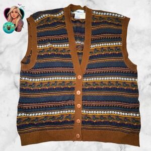 Vintage Fair Isle Mallard Duck Button Up Sweater Vest Brown Mens Large  Cardigan